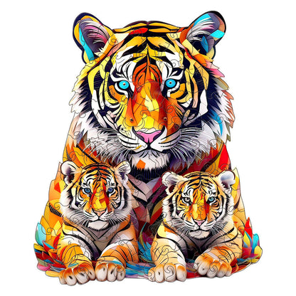 Colorful wooden jigsaw puzzle featuring artistic animal design with intricate patterns and vibrant details