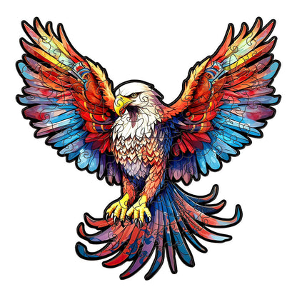 Colorful wooden jigsaw puzzle featuring artistic animal design with intricate patterns and vibrant details