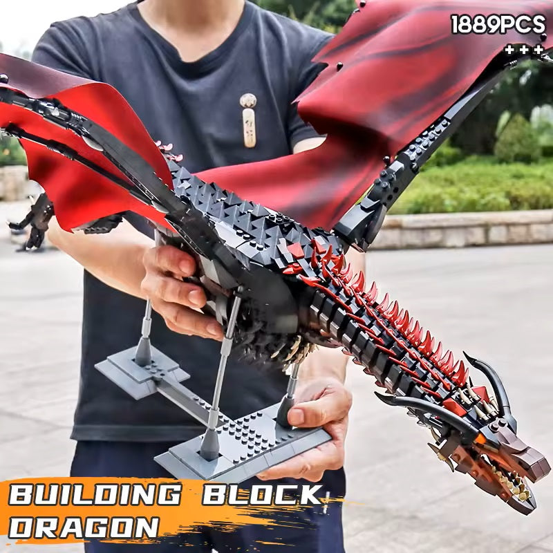Diyion Giant Dragon Master Builder Set - 1889 piece premium building blocks with articulated wings and poseable joints for ages 12+