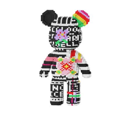 Toy figure made of building blocks with measurements and product details on a blue background