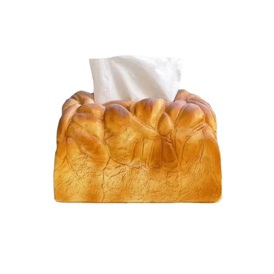 Realistic bread-shaped tissue box holder with premium PU construction and innovative dispensing mechanism