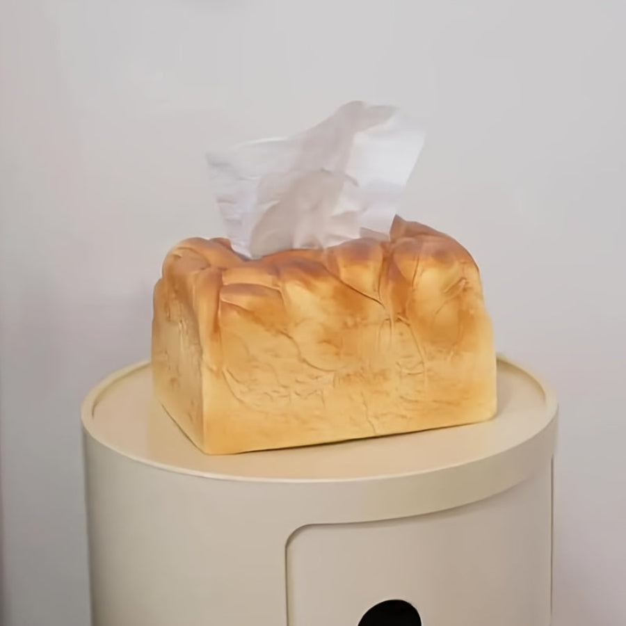 Realistic bread-shaped tissue box holder with premium PU construction and innovative dispensing mechanism