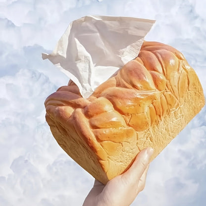 Realistic bread-shaped tissue box holder with premium PU construction and innovative dispensing mechanism