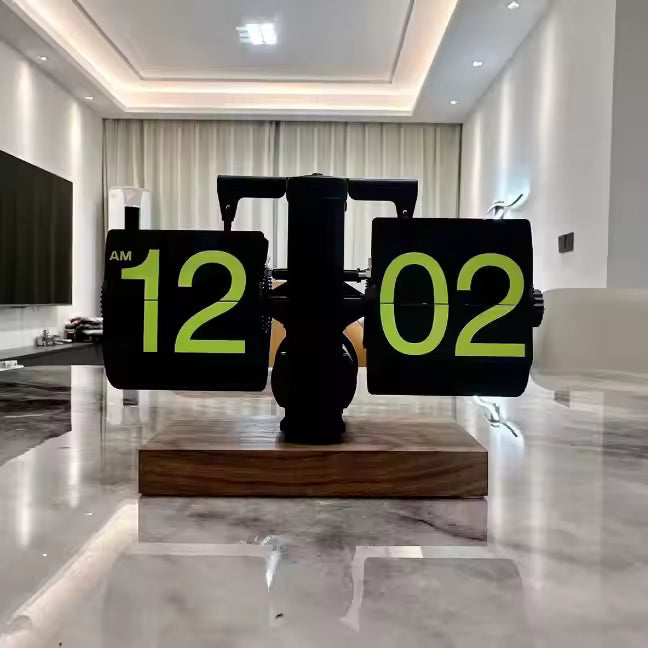 Vintage retro flip clock with wooden base and large number display for home office decoration and modern timekeeping