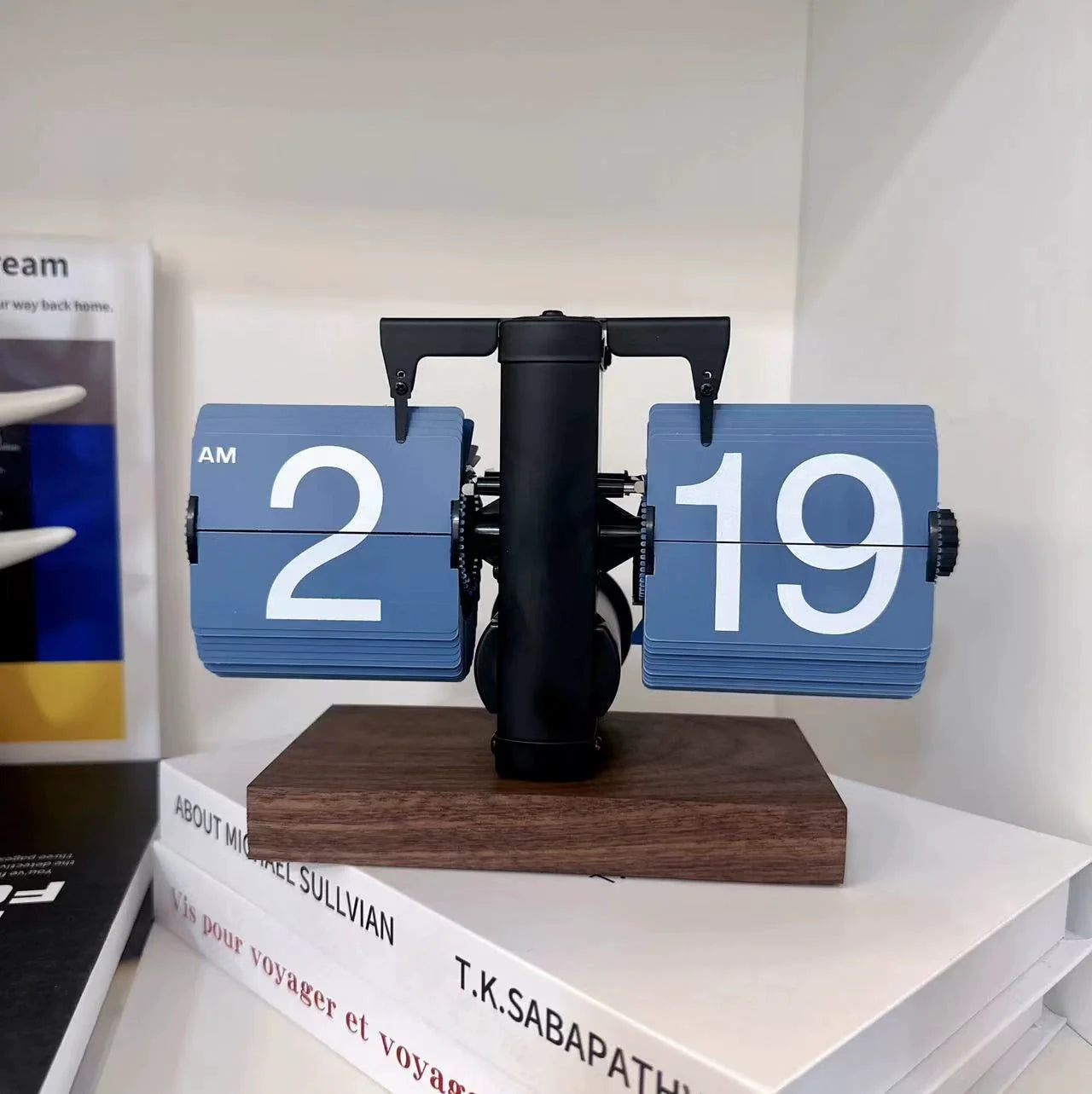 Vintage retro flip clock with wooden base and large number display for home office decoration and modern timekeeping