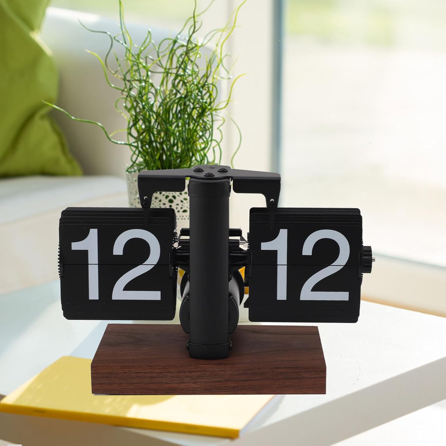Vintage retro flip clock with wooden base and large number display for home office decoration and modern timekeeping
