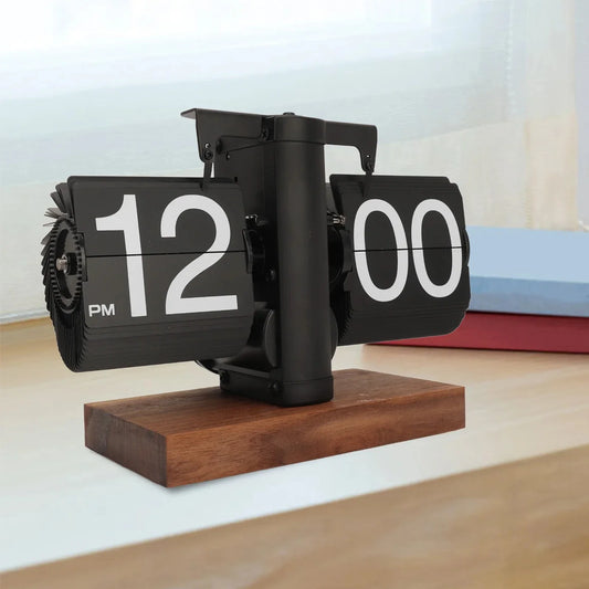 Vintage retro flip clock with wooden base and large number display for home office decoration and modern timekeeping