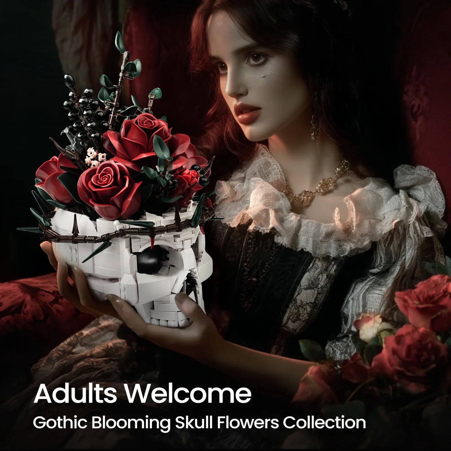Skull flowers building blocks set gothic roses bouquet skeleton planter pot Halloween decor toy for creative building enthusiasts