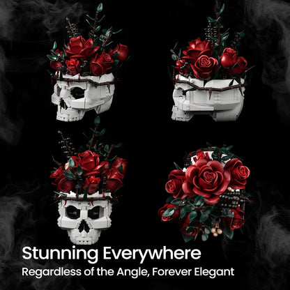 Skull flowers building blocks set gothic roses bouquet skeleton planter pot Halloween decor toy for creative building enthusiasts