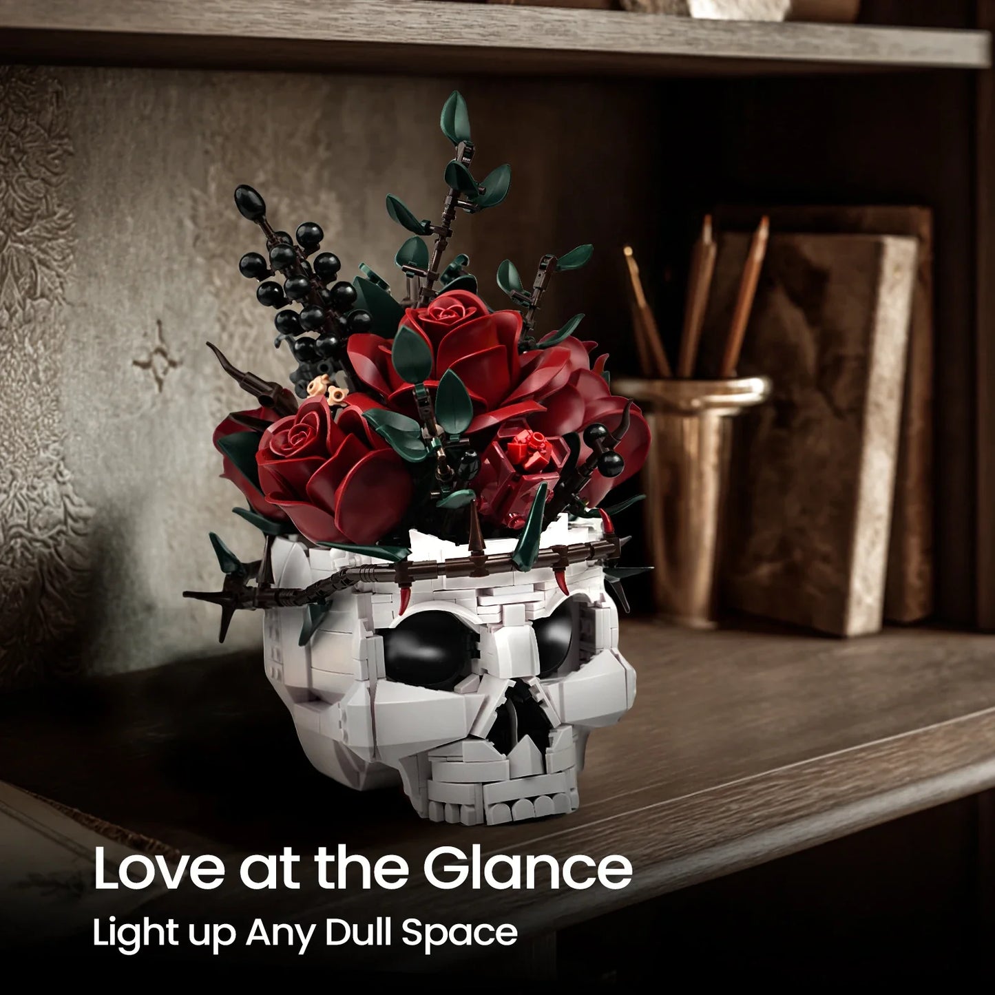 Skull flowers building blocks set gothic roses bouquet skeleton planter pot Halloween decor toy for creative building enthusiasts