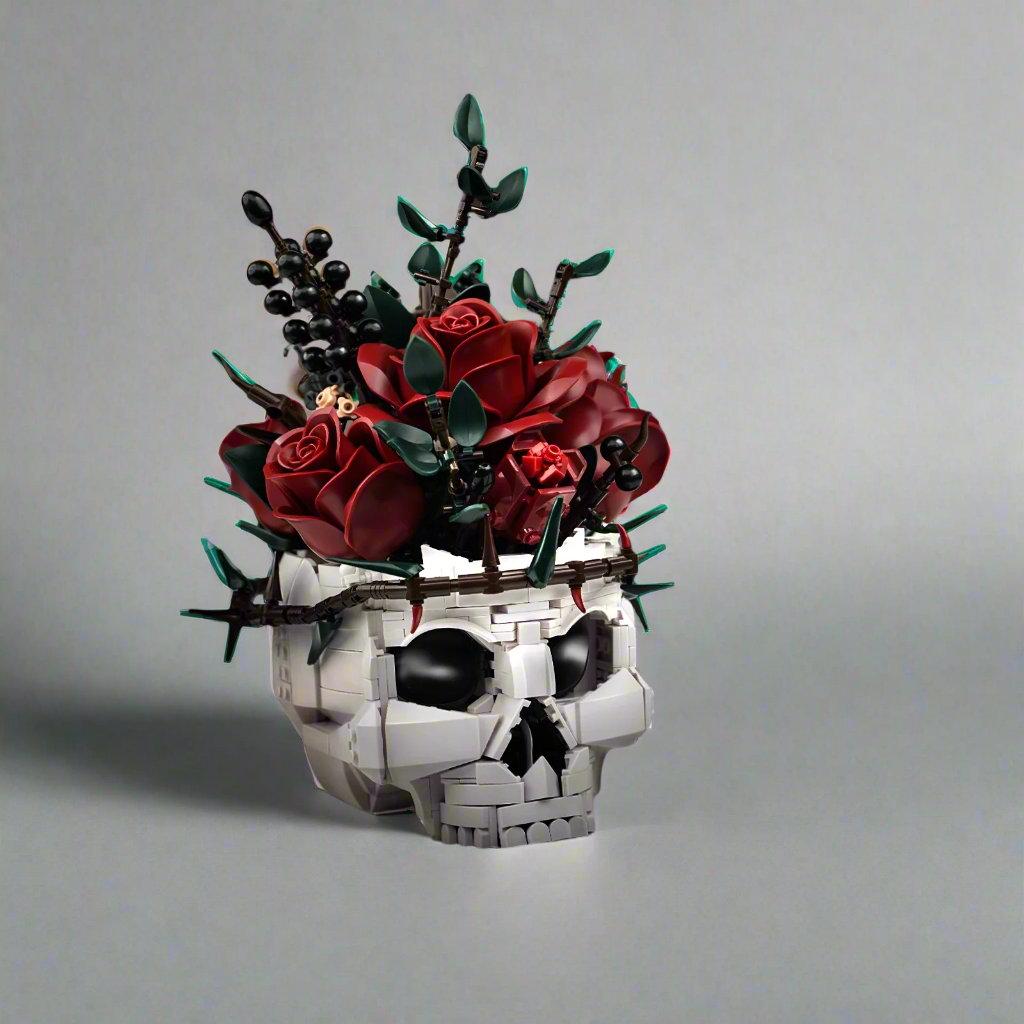 Skull flowers building blocks set gothic roses bouquet skeleton planter pot Halloween decor toy for creative building enthusiasts