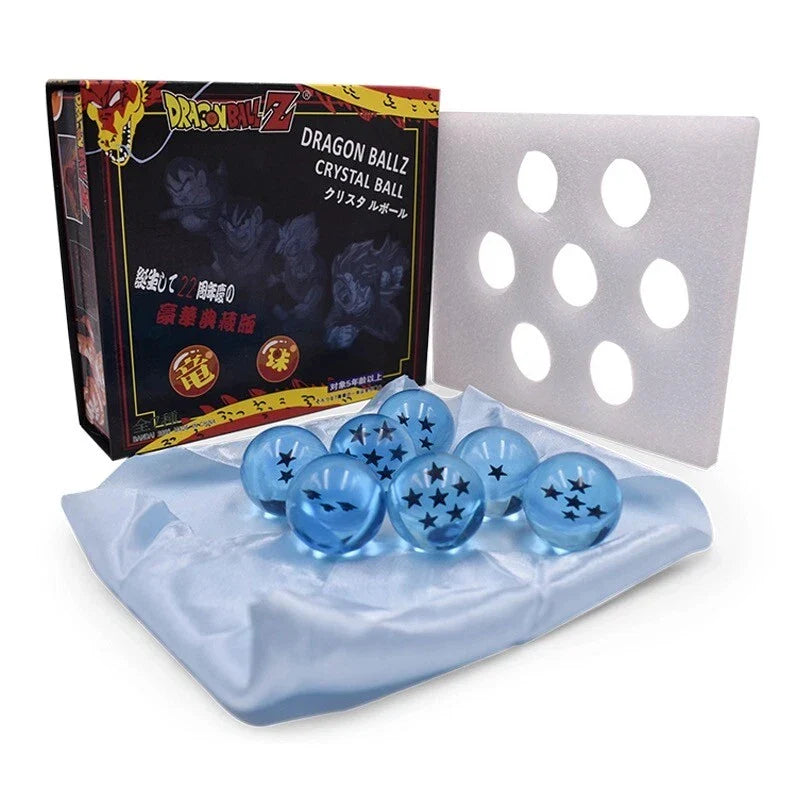 Dragon Ball Z crystal orbs collectible set with star patterns in orange red and blue colors