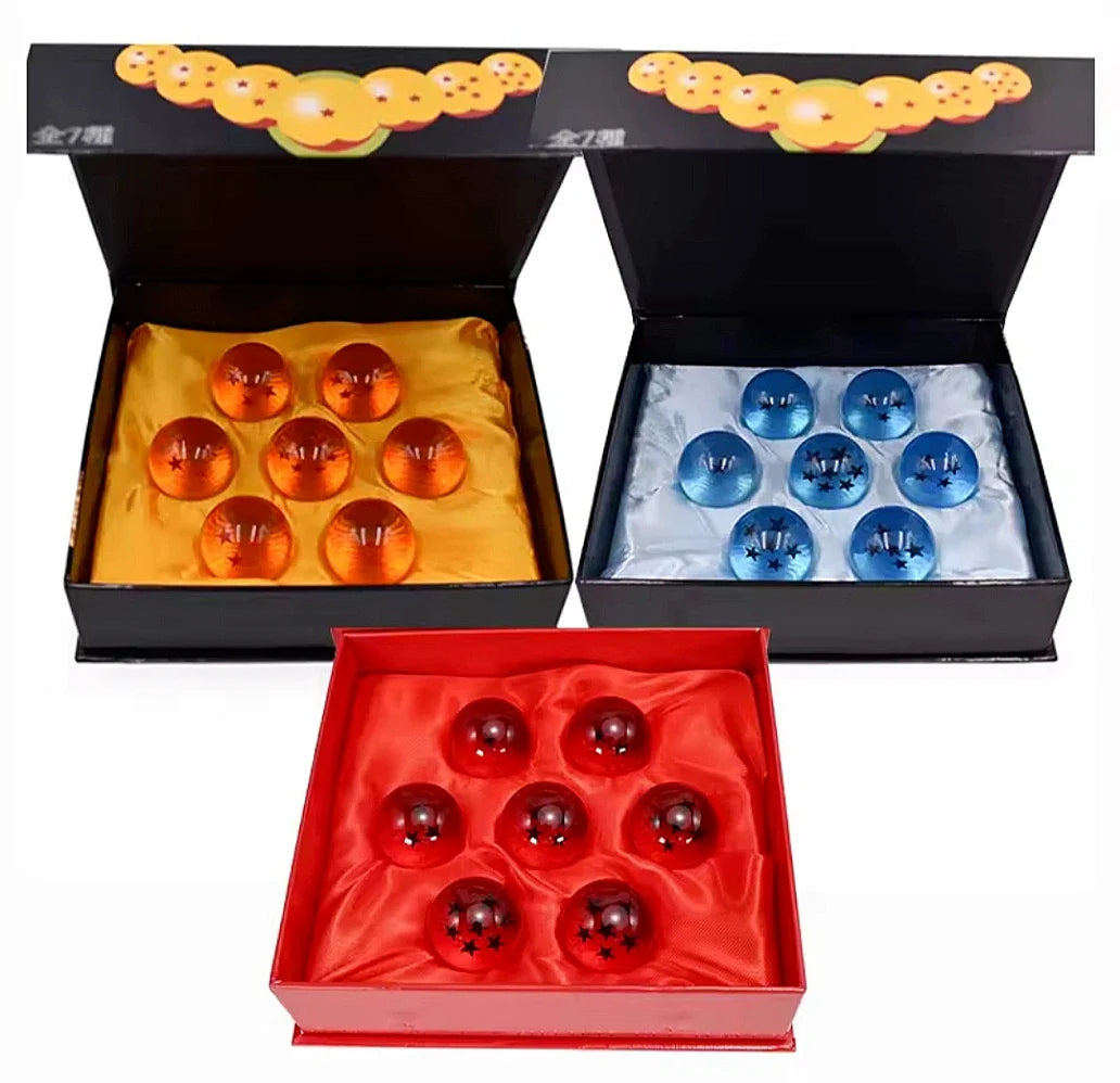 Diyion Dragon Ball Z seven-piece crystal ball sets in Orange, Blue, and Red gift boxes