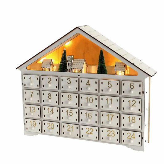 White Christmas House Pre-lit Advent Calendar with Drawers - DIYION