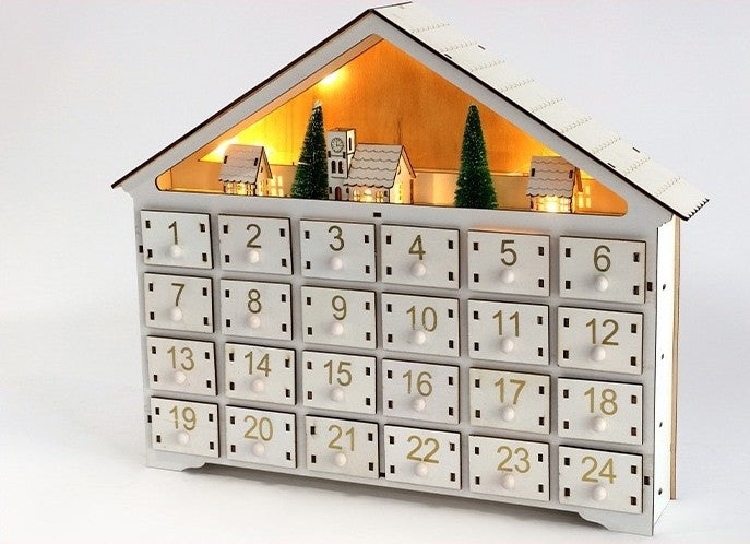 White Christmas House Pre-lit Advent Calendar with Drawers - DIYION