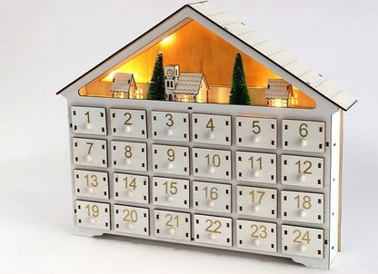 White Christmas House Pre-lit Advent Calendar with Drawers - DIYION