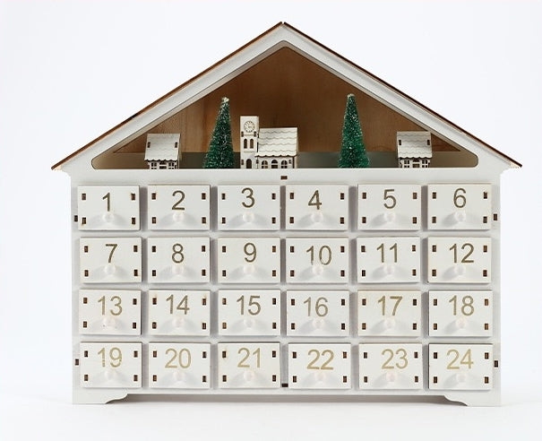White Christmas House Pre-lit Advent Calendar with Drawers - DIYION